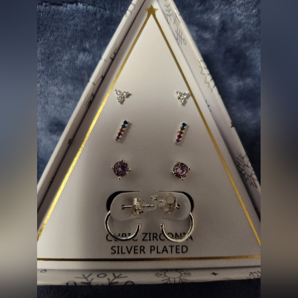 SILVER PLATED, CUBIC ZIRCONIA, 4 PAIRS EARRINGS SET